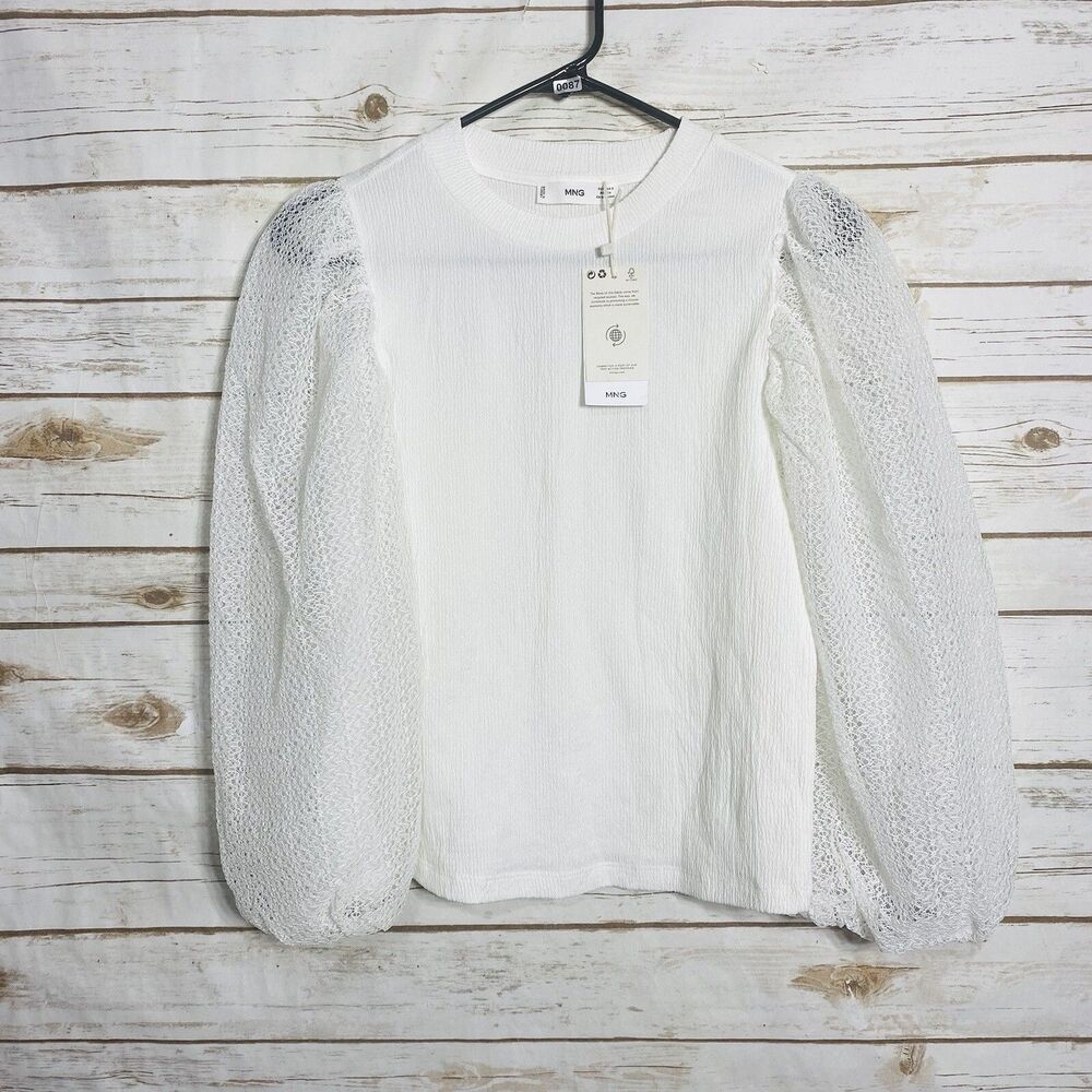 MNG Mango Women’s White Mesh Puff Sleeve Blouse Size S